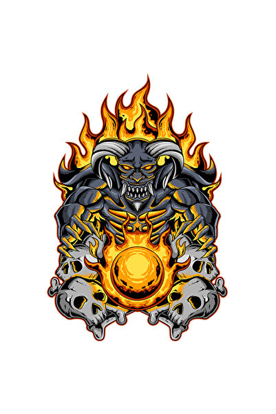 StoryGift Romania Sticker Adeziv 90CM Cu Demon, Coarne, Flacari, Oase, Cranii, Sfera, cu Margini Albe, PVC Viny