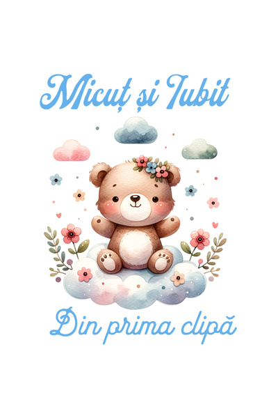 StoryGift Romania Sticker Adeziv 90CM cu Ursulet De Plus maro pe Norisor Text Micut Si Iubit Din Prima Zi cu Mar