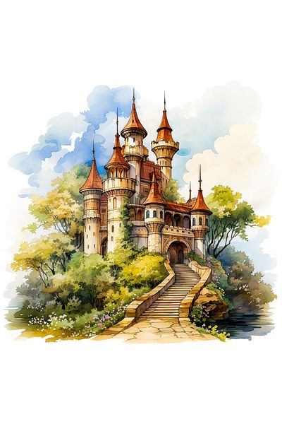 StoryGift Romania Sticker Autocolant 70CM cu un castel in mijlocul naturii, ilustratie, padure, apa, lac, nori,