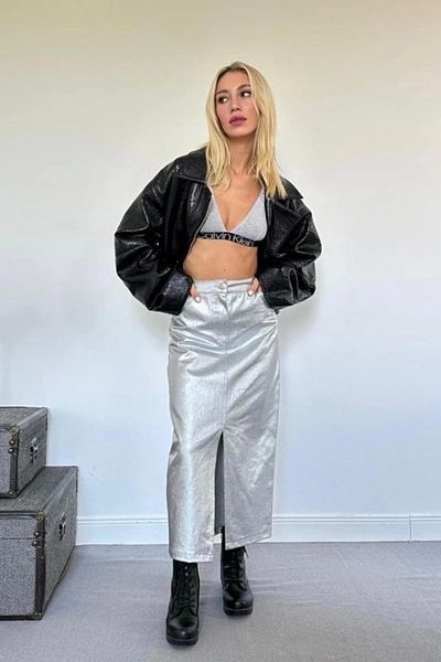 nedo7 Silver Leaf Gabardine Slit Skirt