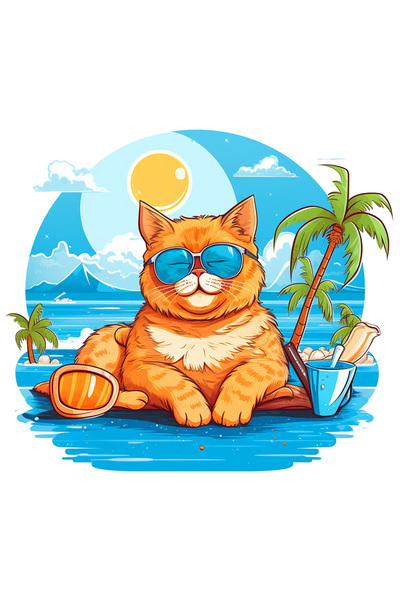 StoryGift Romania Sticker Eticheta 50CM cu o pisica la mare, ochelari de soar...