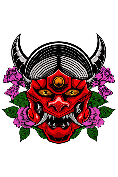 StoryGift Romania Sticker Autocolant 70CM Cu Masca Oni, Flori, Colti, Coarne, Demon, Asiatic, cu Margini Albe,