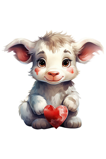 StoryGift Romania Adhesive Sticker 90CM with a playful calf, illustration, cheerful, holding a heart, appreciation, affection,