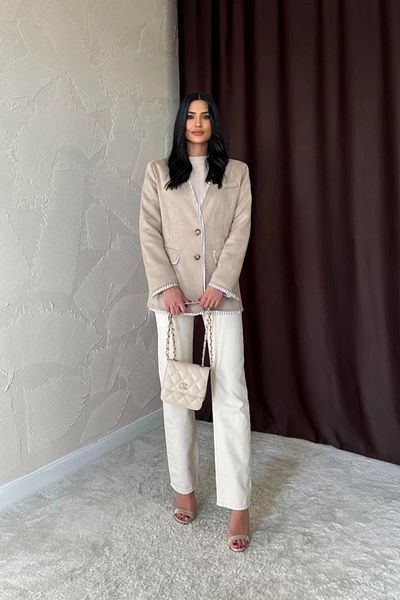nedo7 Beige Striped Lined Garnished Suede Jacket
