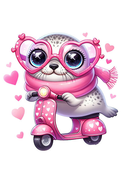 StoryGift Romania Sticker Eticheta 40CM cu o foca fericita care conduce un scuter, ilustratie, inimioare, ochela