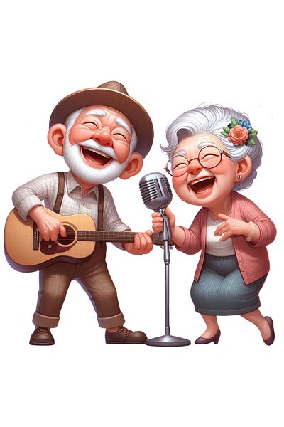 StoryGift Romania Sticker Eticheta 50CM cu o bunicuta si un bunic, ilustratie, fericiti, canta la chitara, voce,