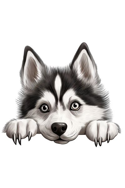 StoryGift Romania Sticker Autocolant 70CM cu un catel Malamut de Alaska, ilustratie, gheare, labute, alb si negr