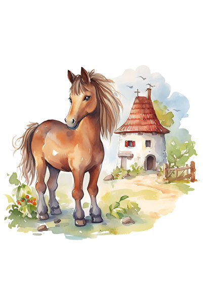 StoryGift Romania Sticker Eticheta 40CM cu un cal vesel, ilustratie, bucurie, hambar, gard, iarba, natura, verde