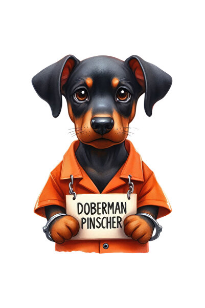 StoryGift Romania Sticker Eticheta 40CM cu un catel Doberman Pinscher la puscarie, ilustratie, trist, uniforma d