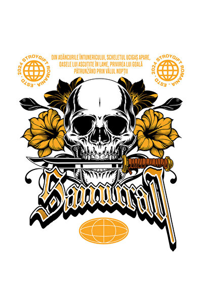 StoryGift Romania Sticker Autocolant 70CM cu Craniu Uman Cu Cutit Flori Colorate Text Samurai, Razboinici cu Ma