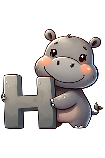 StoryGift Romania Sticker Eticheta 50CM cu hipopotam cu litera "H", ilustrati...