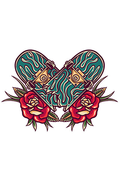 StoryGift Romania Sticker 70CM Broken Skateboard, Flowers, Roses, Leaves, Ret...