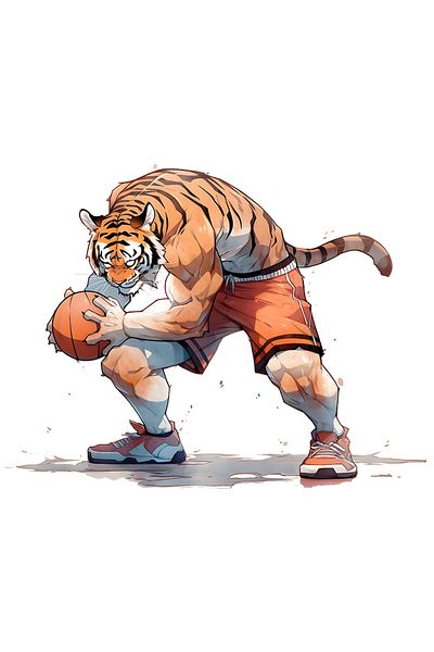 StoryGift Romania 90CM Adhesive Sticker with a tiger playing basketball, illustration, ball, getting ready to throw