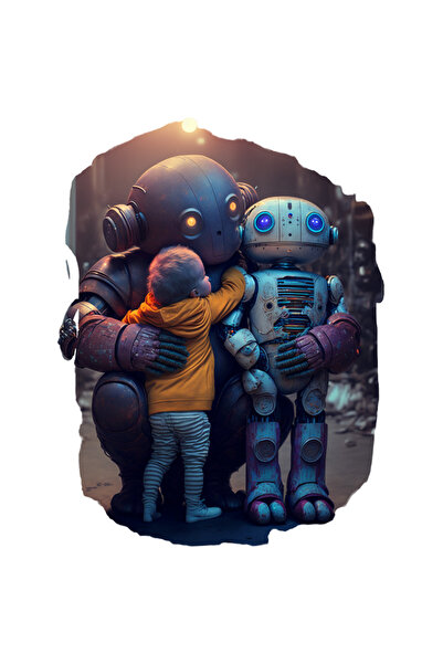 StoryGift Romania Sticker Adeziv 90CM Cu Roboti, Copil, Imbratisare, Androizi, Sci-Fi, cu Margini Albe, PVC Vin