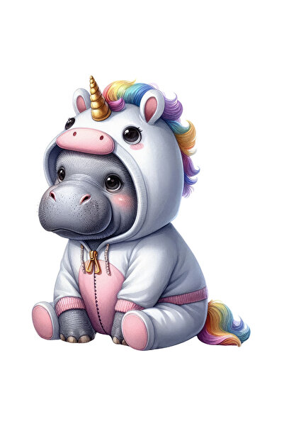 StoryGift Romania Sticker Autocolant 70CM cu un hipopotam in costum de unicorn, ilustratie, vesel, jucaus, emoti
