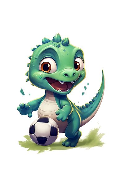 StoryGift Romania Sticker Label 40CM with a green dinosaur playing football, illustration, match, training, v