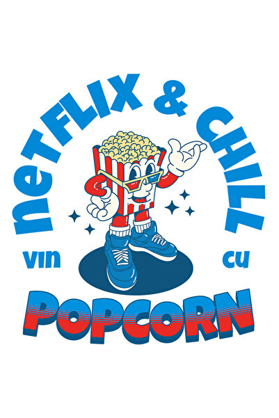 StoryGift Romania Sticker Cu Punga Popcorn Cu Ochelari 3d Adidasi Albastri Film Cinema Text Netflix & Chill