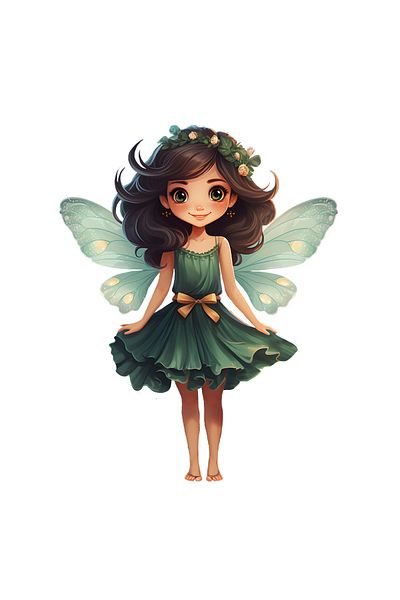 StoryGift Romania Sticker Autocolant 70CM cu o fetita cu aripi de zana, ilustratie, coronita, flori, rochie verd