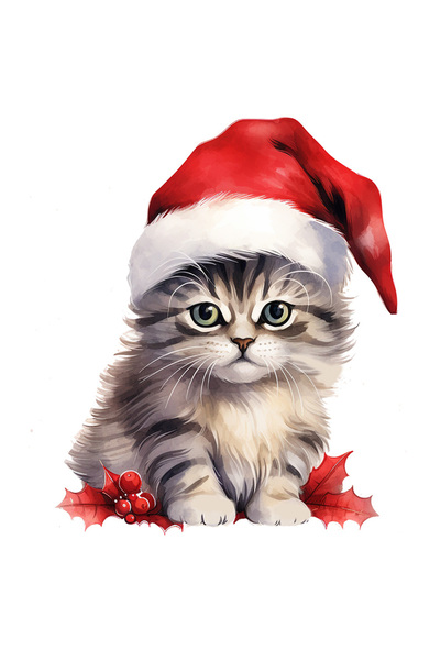 StoryGift Romania Sticker Adeziv 90CM cu o pisicuta serioasa, ilustratie, caciula de Craciun, vasc, sarbatoare a