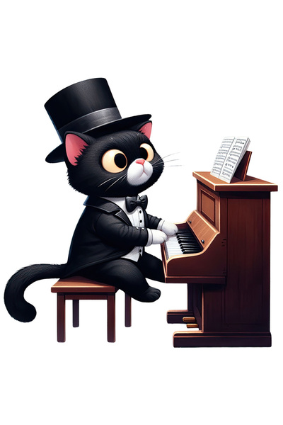 StoryGift Romania Sticker Adeziv 90CM cu o pisica neagra care canta la pian, ilustratie, mirata, note muzicale,