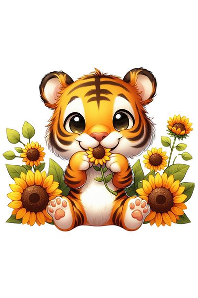 StoryGift Romania Sticker 70CM with a little tiger, illustration, sunflower, curious, playful, plant