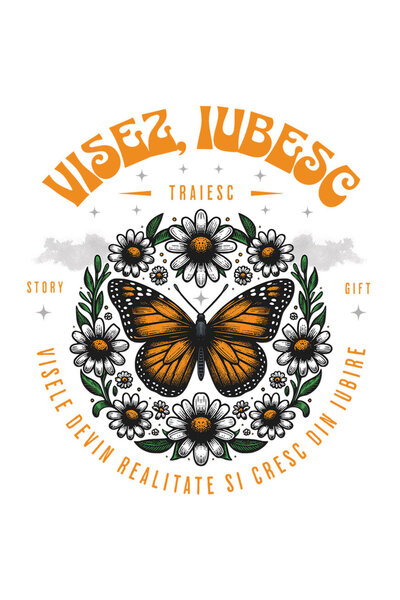 StoryGift Romania Sticker Autocolant 70CM cu Flori Colorate Fluture Galben Text Visez, Iubesc Visele Devin Reali