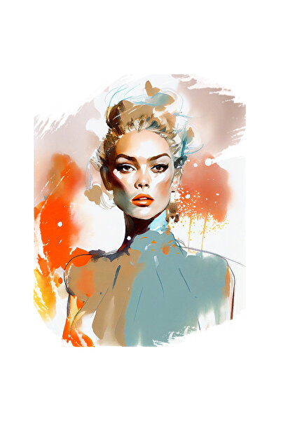 StoryGift Romania Sticker Adeziv 90CM Cu Pictura Portret Fata Blonda, Buze Rosii, Tinuta Albastra, Multicolor,