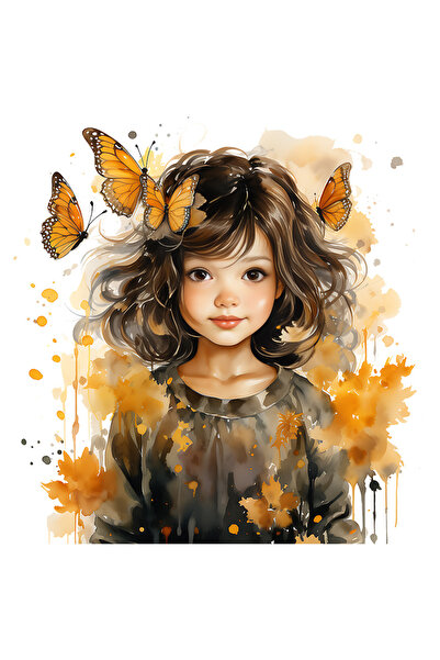 StoryGift Romania Sticker Autocolant 70CM cu o fetita dragalasa, ilustratie, par negru, fluturasi portocalii, to