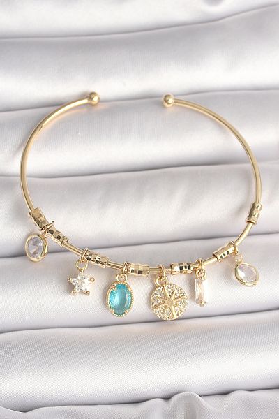 Skygo Brass Gold Color Hanging Zircon Stone Detailed Compass Figure Charm Women's Bracelet - Tj-Bb6886