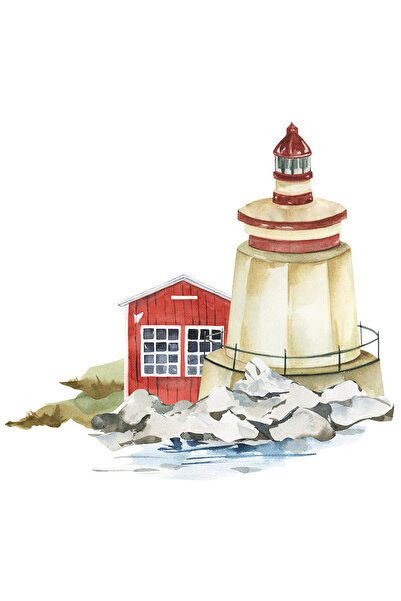 StoryGift Romania Sticker Eticheta 50CM Cu Casa Rosie Pe Malul Marii, Turn Cu Far, Pictat, Vacanta, Linistea Mar