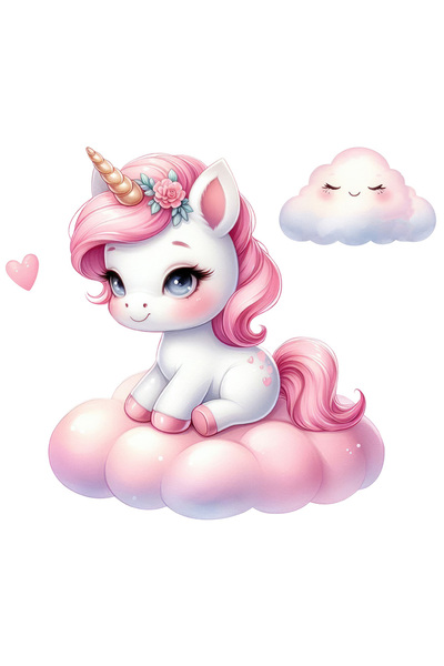StoryGift Romania Sticker Autocolant 70CM cu un unicorn cam somnoros, ilustratie, sta pe norisor, inimioara, afe