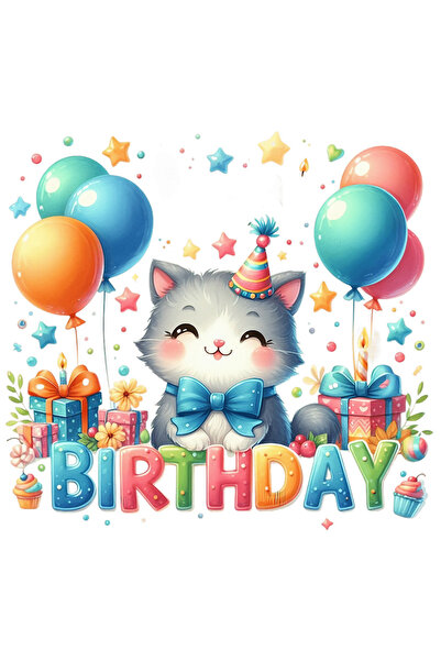 StoryGift Romania Sticker Eticheta 50CM cu o pisicuta la petrecere, ilustrati...