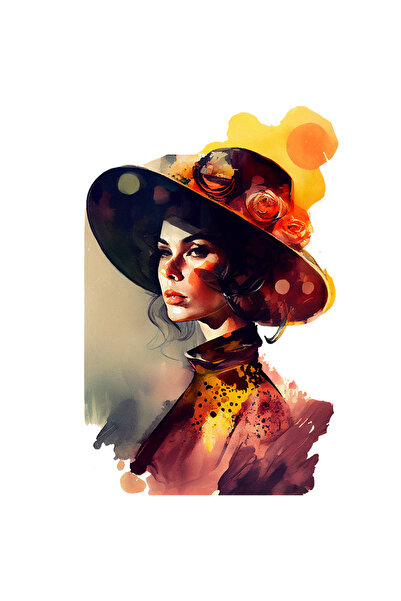 StoryGift Romania Sticker Autocolant 70CM Cu Pictura Portret Fata, Cu Palarie Rosie Cu Flori, Guler Inalt, Par B