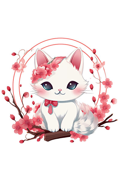 StoryGift Romania Sticker Eticheta 40CM cu o pisicuta alba imbujorata, ilustratie, flori, cerc, abstract, pentru