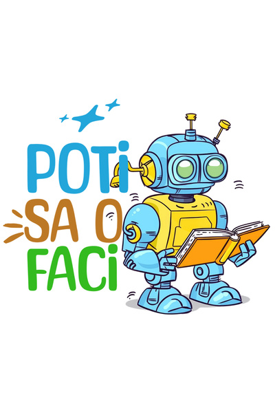 StoryGift Romania Sticker Autocolant 70CM Adeziv Robot citind, poti sa o faci scoala, elev cu Margini Albe, PVC