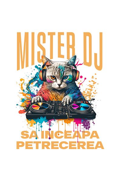 StoryGift Romania Sticker Eticheta 40CM cu Motan Cu Casti Audio DJ Text sa Inceapa Distractia, Petrecere Muzica,