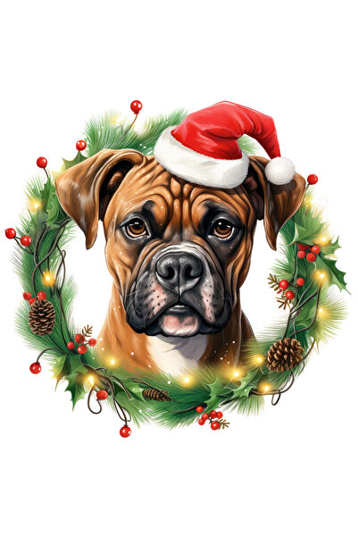 StoryGift Romania Sticker Adeziv 90CM cu un catel Boxer cu caciula de Craciun, ilustratie, coroana, conuri de br