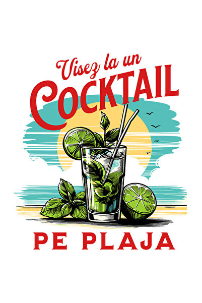 StoryGift Romania Sticker Autocolant 70CM cu Pahar De Cocktail Pe Plaja Apus de Soare Menta Text Visez La un Coc