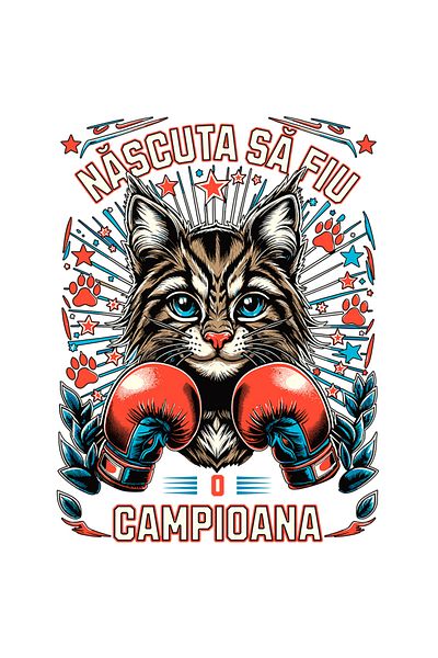 StoryGift Romania Sticker Eticheta 40CM Adeziv Pisica cu manusi de box , campion cu Margini Albe, PVC Vinyl 40 cm