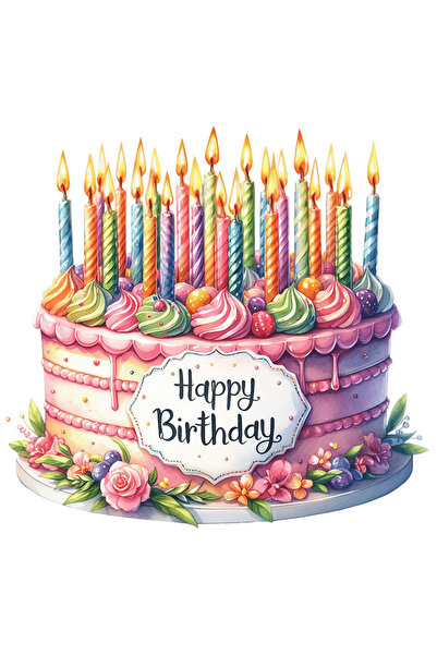 StoryGift Romania Sticker Eticheta 40CM cu un tort pe care scrie "Happy birthday, ilustratie, la multi ani, luma