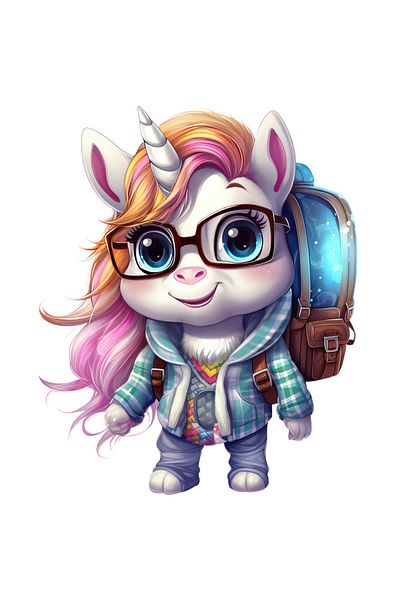 StoryGift Romania Sticker Cu Un Unicorn Care Se Duce La Scoala, Ghiozdan, Ochelari, Tocilara, Ilustratie, Ha