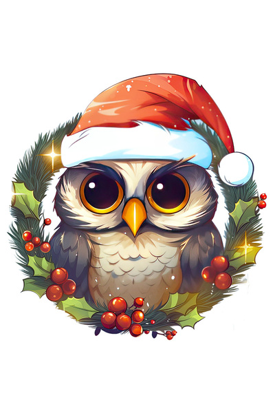 StoryGift Romania Sticker Autocolant 70CM cu o bufnita cu caciula de Craciun, ilustratie, sarbatoare, coroana, v