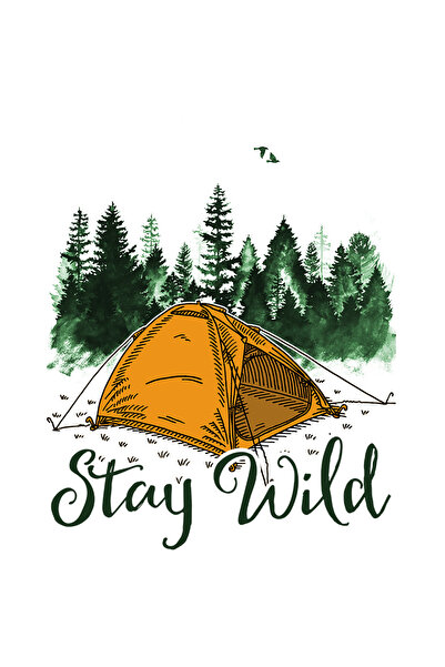 StoryGift Romania Sticker Autocolant 70CM cu mesajul "Stay wild", calatorie, ilustratie, natura, brazi, cort, ra