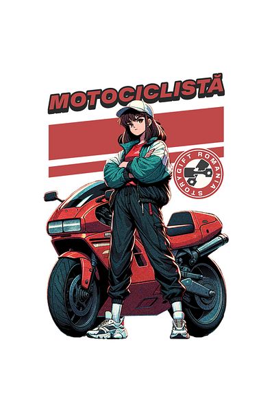 StoryGift Romania Sticker Adeziv Motociclista Fata Langa Motor Rosu Viteza Cu Margini Albe, Pvc Vinyl 50 Cm