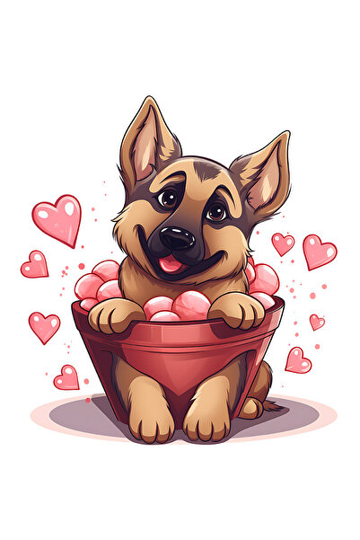 StoryGift Romania Sticker Eticheta 50CM cu un caine lup care sta intr-un ghiveci, ilustratie, spart, inimioare,