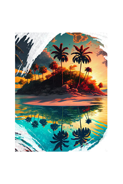 StoryGift Romania Sticker Autocolant 70CM Cu Peisaj Apus De Soare Pe O Insula Tropicala, Malul Marii, Copaci Exo