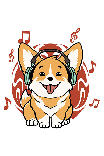 StoryGift Romania Sticker Eticheta 50CM Cu Corgi, Caine, Muzica, Casti, cu Margini Albe, PVC Vinyl 50 cm