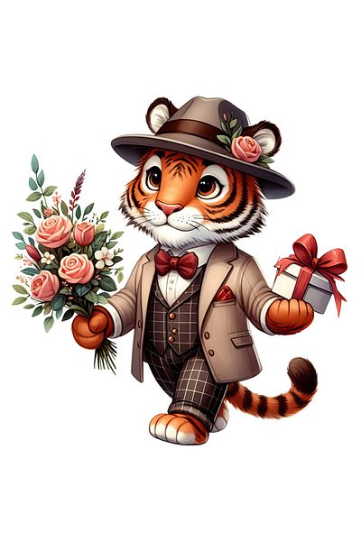StoryGift Romania Sticker Label 50CM with a tiger holding a bouquet of flowers and a gift, gifts for lovers
