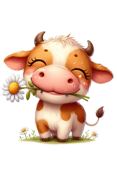 StoryGift Romania Sticker Autocolant 70CM cu o vacuta vesela care tine o floare alba, ilustratie, iarba, camp, n