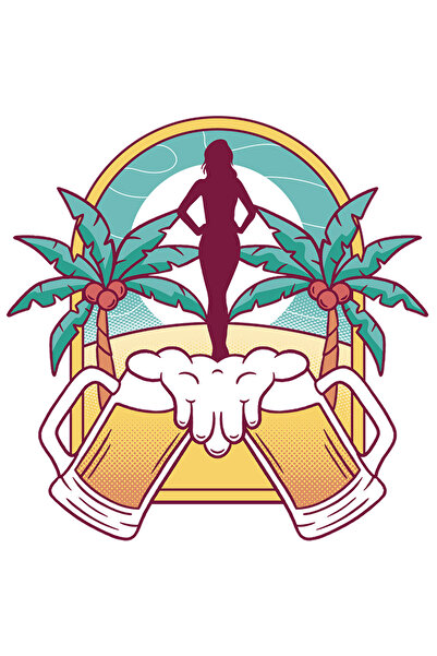 StoryGift Romania Sticker Autocolant 70CM Cu Peisaj Tropical, Silueta Feminina, Halbe De Bere, Vacanta, Palmieri